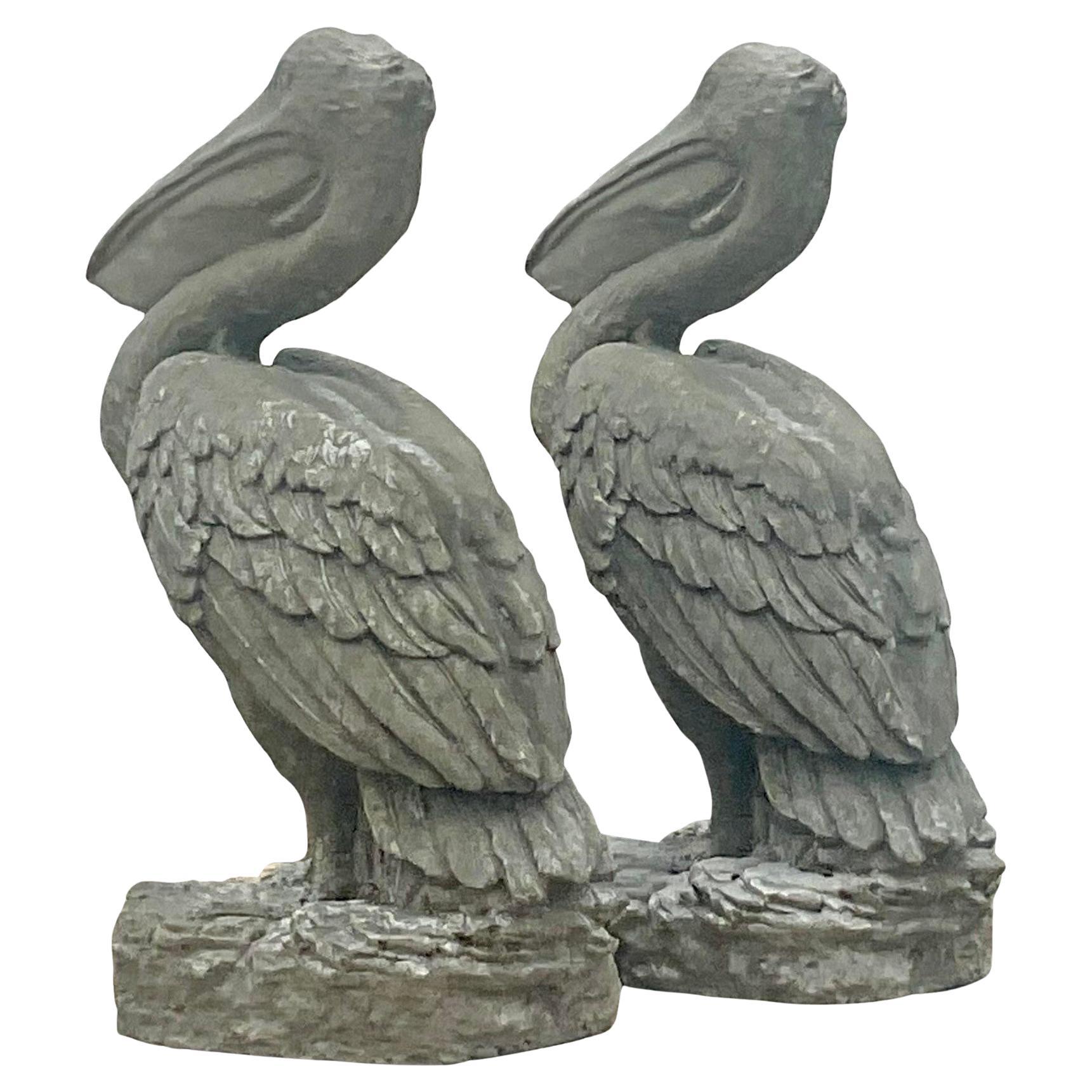 Vintage Coastal Monumental Cast Concrete Pelicans Statues, a Pair