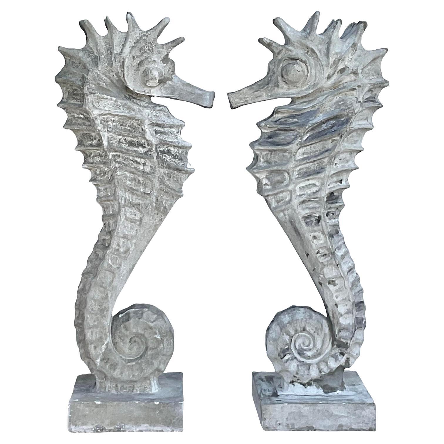 Vintage Coastal Monumental Cast Concrete Seahorse - A Pair