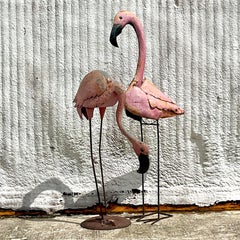 Vintage Coastal Monumental Distressed Metal Flamingos - a Pair