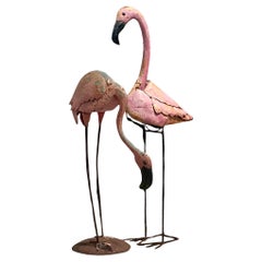 Vintage Coastal Monumental Distressed Metal Flamingos - a Pair