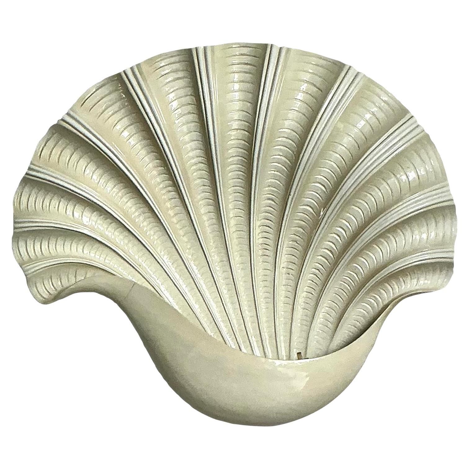 Vintage Coastal Monumental Glazed Ceramic Clamshell Sconce