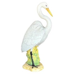 Vintage Coastal Monumental Glazed Ceramic Snowy Egret Sculpture