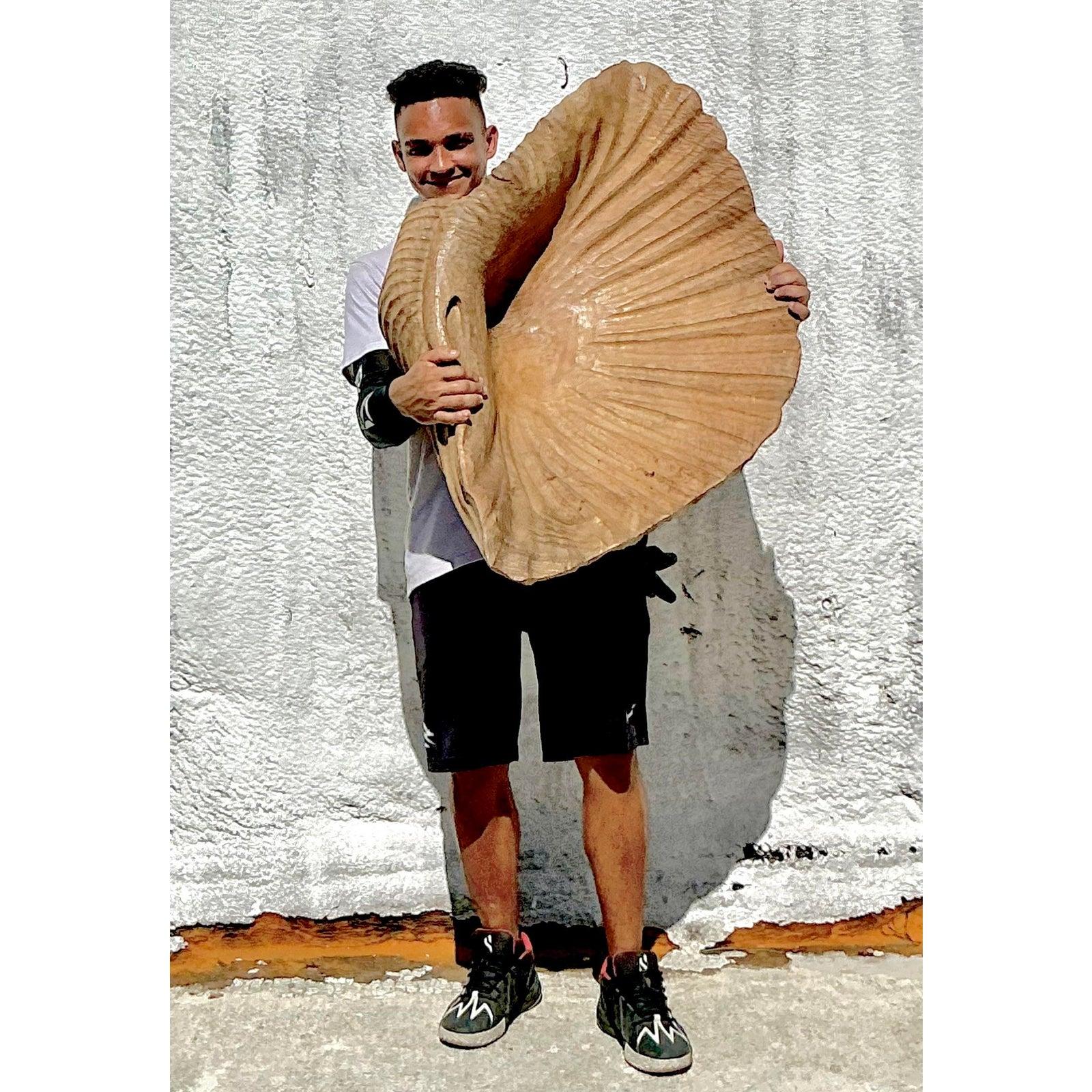 Organic Modern Vintage Coastal Monumental Hand Carved Gigas Clam Shell For Sale