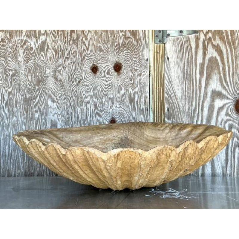 Vintage Coastal Monumental Hand Carved Gigas Clam Shell In Good Condition For Sale In west palm beach, FL