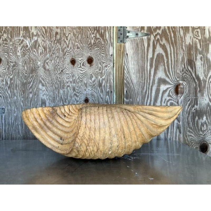 Wood Vintage Coastal Monumental Hand Carved Gigas Clam Shell For Sale