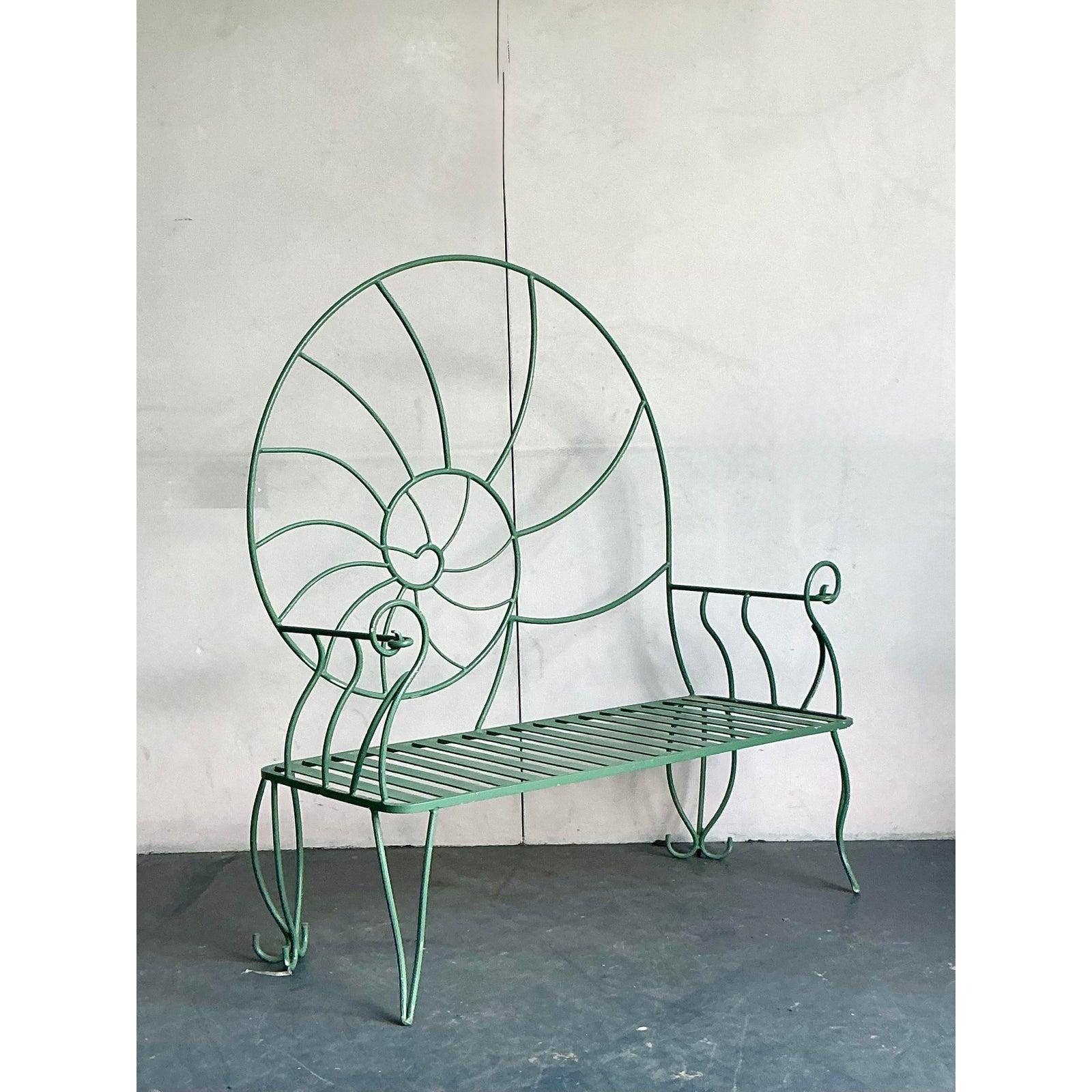 American Vintage Coastal Monumental Nautilus Shell Wrought Iron Bench For Sale