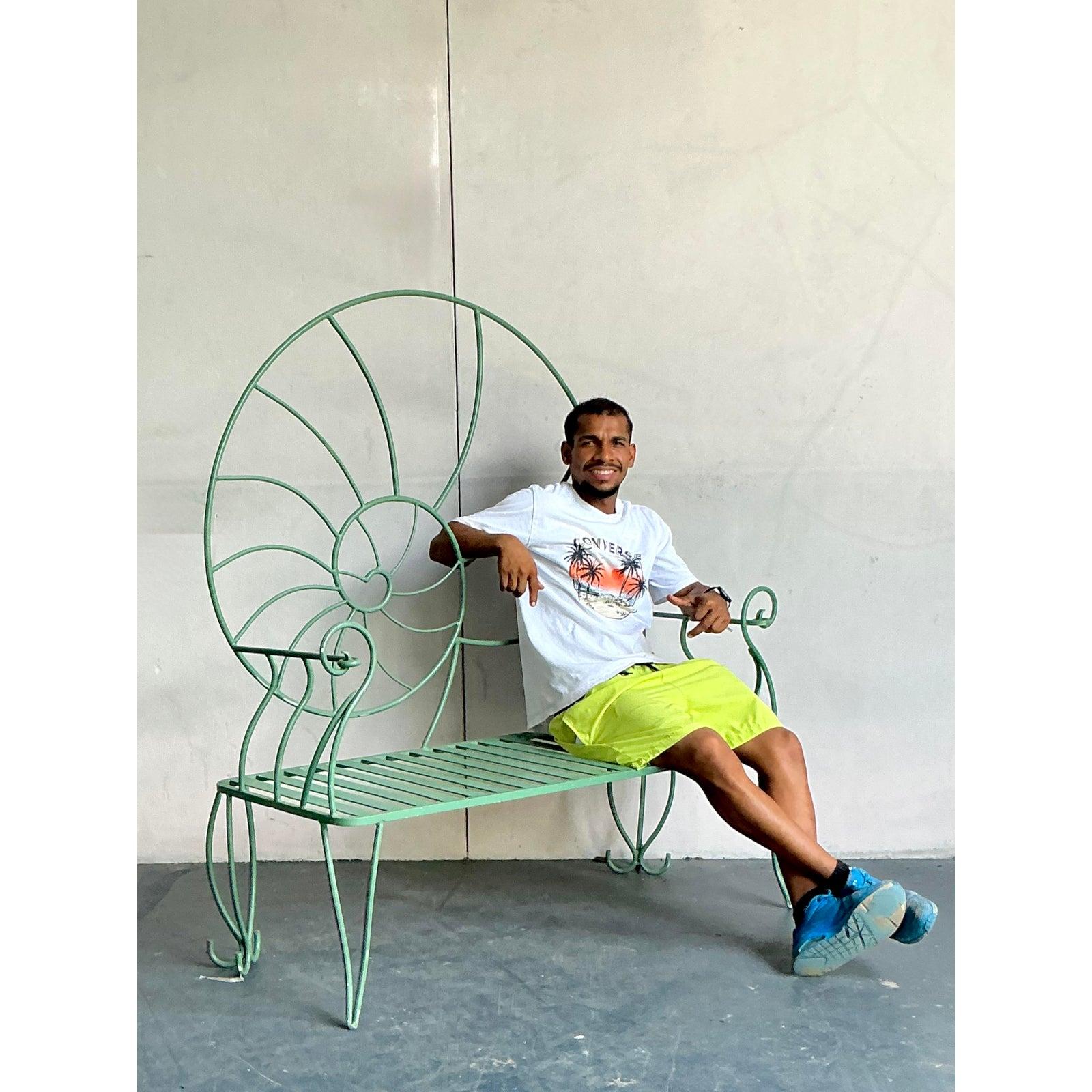 Vintage Coastal Monumental Nautilus Shell Wrought Iron Bench In Good Condition For Sale In West Palm Beach, FL