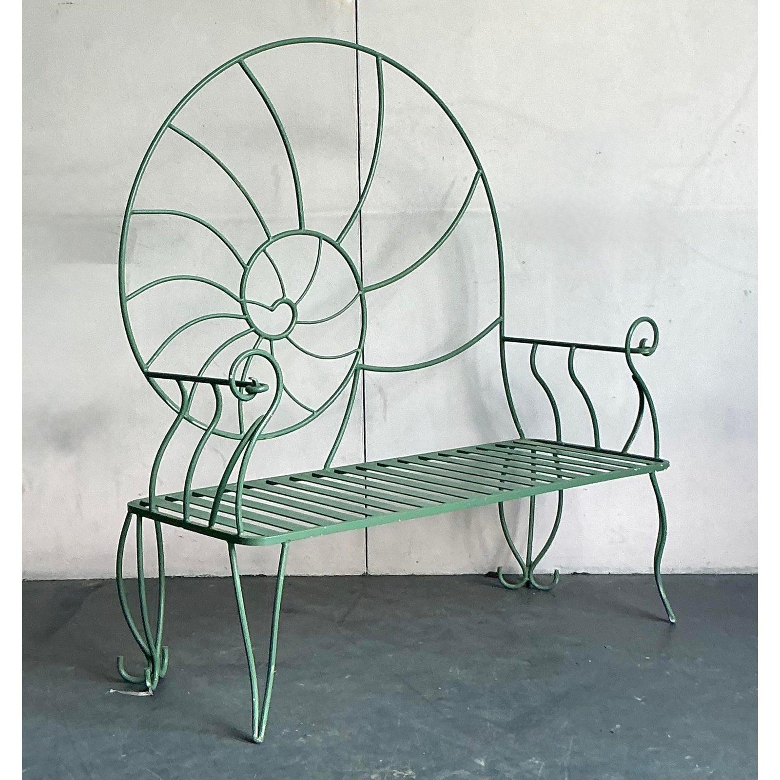 20th Century Vintage Coastal Monumental Nautilus Shell Wrought Iron Bench For Sale