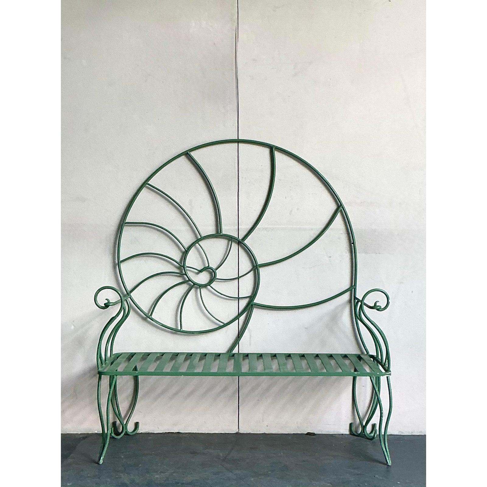 Vintage Coastal Monumental Nautilus Shell Wrought Iron Bench For Sale 1