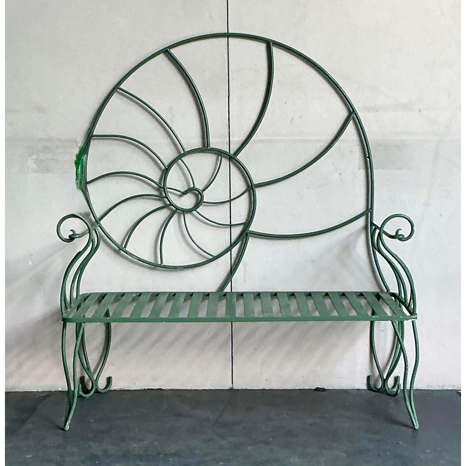 Vintage Coastal Monumental Nautilus Shell Wrought Iron Bench For Sale 2