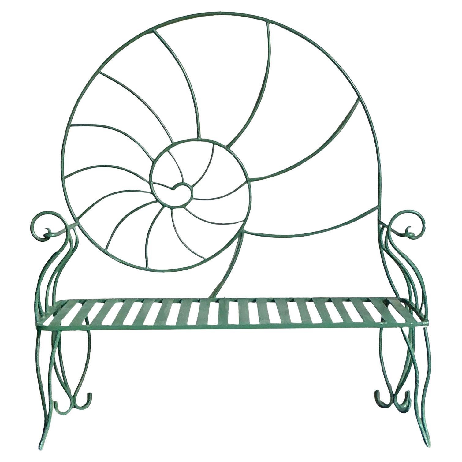 Vintage Coastal Monumental Nautilus Shell Wrought Iron Bench For Sale