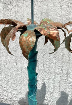 Vintage Coastal Monumental Patinated Copper Palm Tree Lamps - a Pair