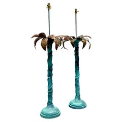 Vintage Coastal Monumental Patinated Copper Palm Tree Lamps - a Pair
