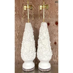 Vintage Coastal Monumental Plaster Floral Table Lamps - a Pair