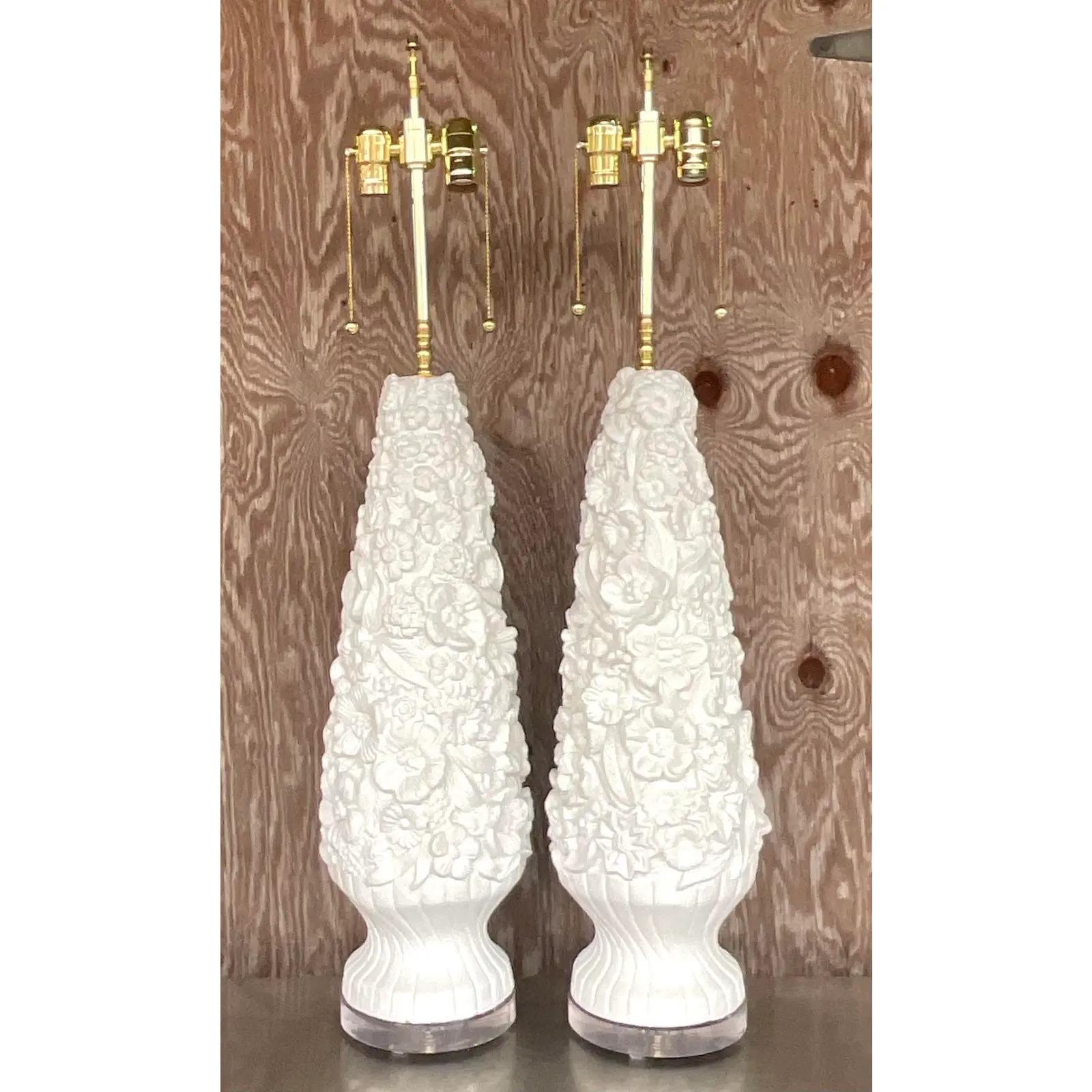 20th Century Vintage Coastal Monumental Plaster Floral Table Lamps - a Pair For Sale
