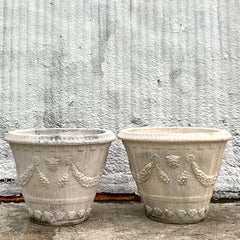 Vintage Coastal Monumental Swag Cast Concrete Planters - Set of 2