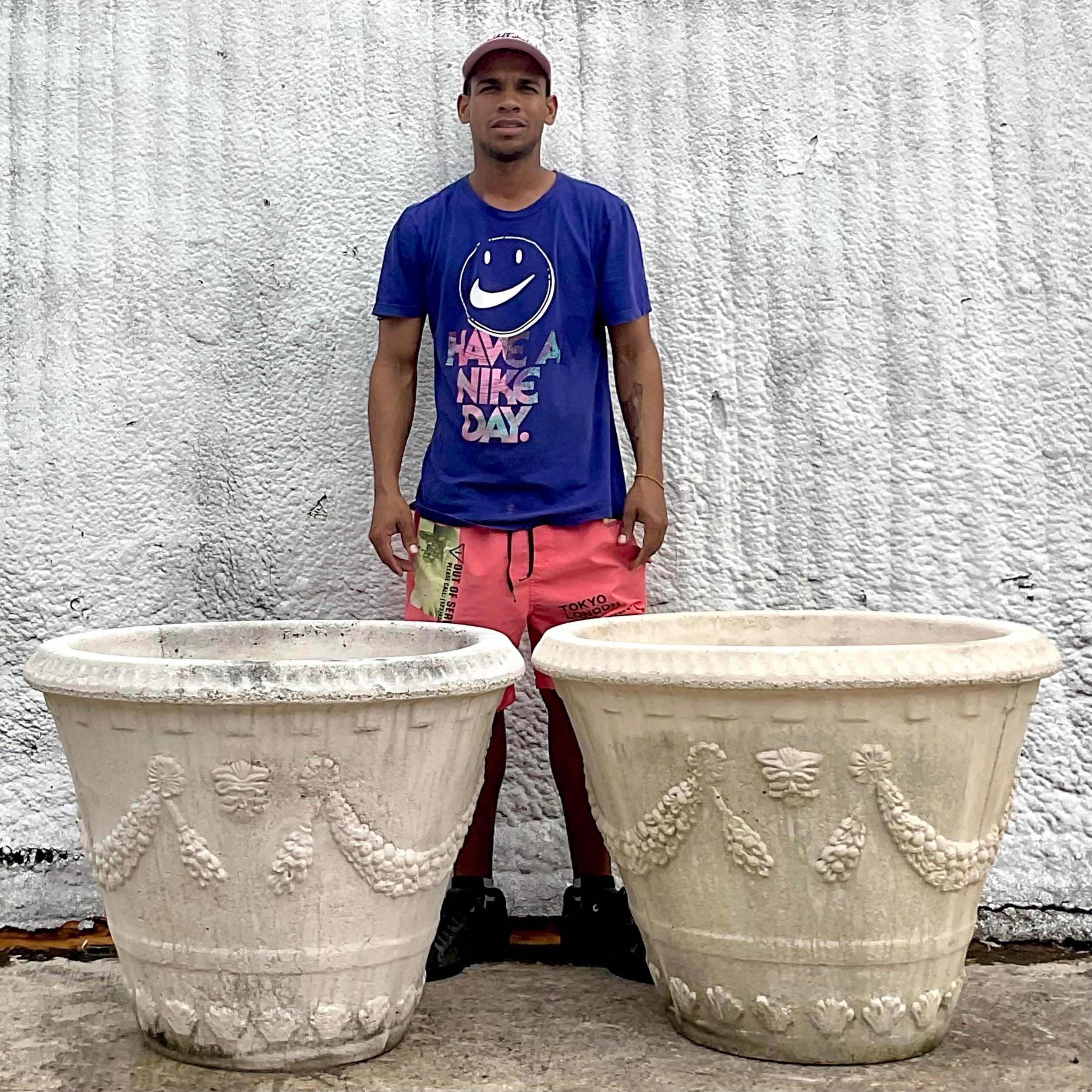 20th Century Vintage Coastal Monumental Swag Cast Concrete Planters - Set of 2