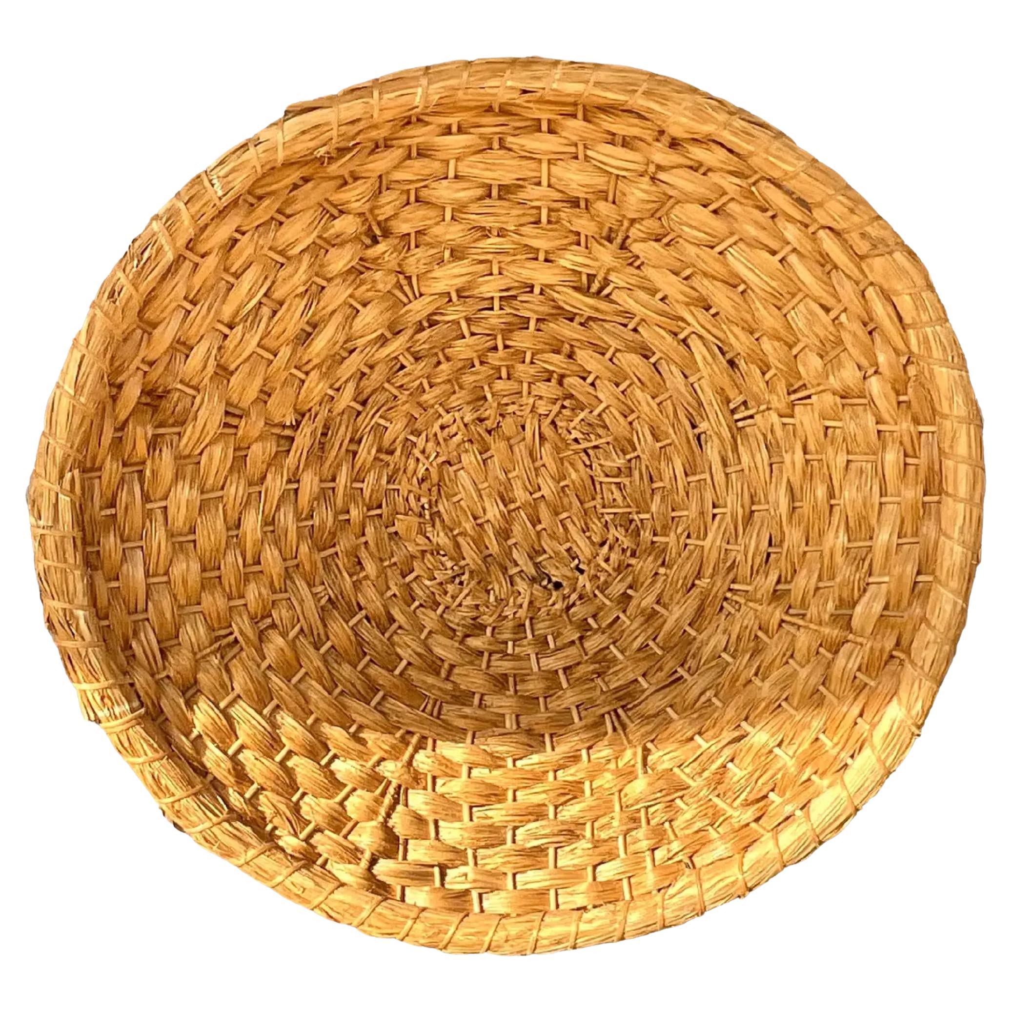 Vintage Coastal Monumental Woven Rattan Wall Plate For Sale