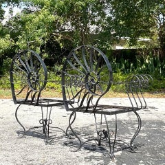 Vintage Coastal Nautilus Shell Wrought Iron Lounge Chairs - a Pair