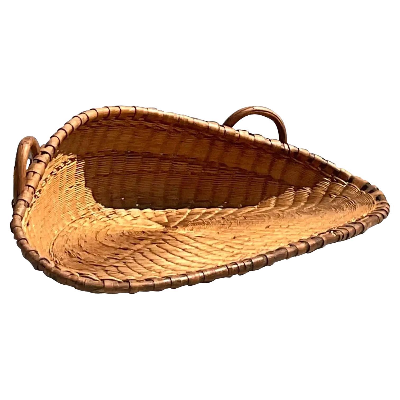 Vintage Coastal New Zealand Woven Rattan Basket For Sale
