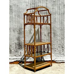Vintage Coastal Notched Arched Rattan Etagere