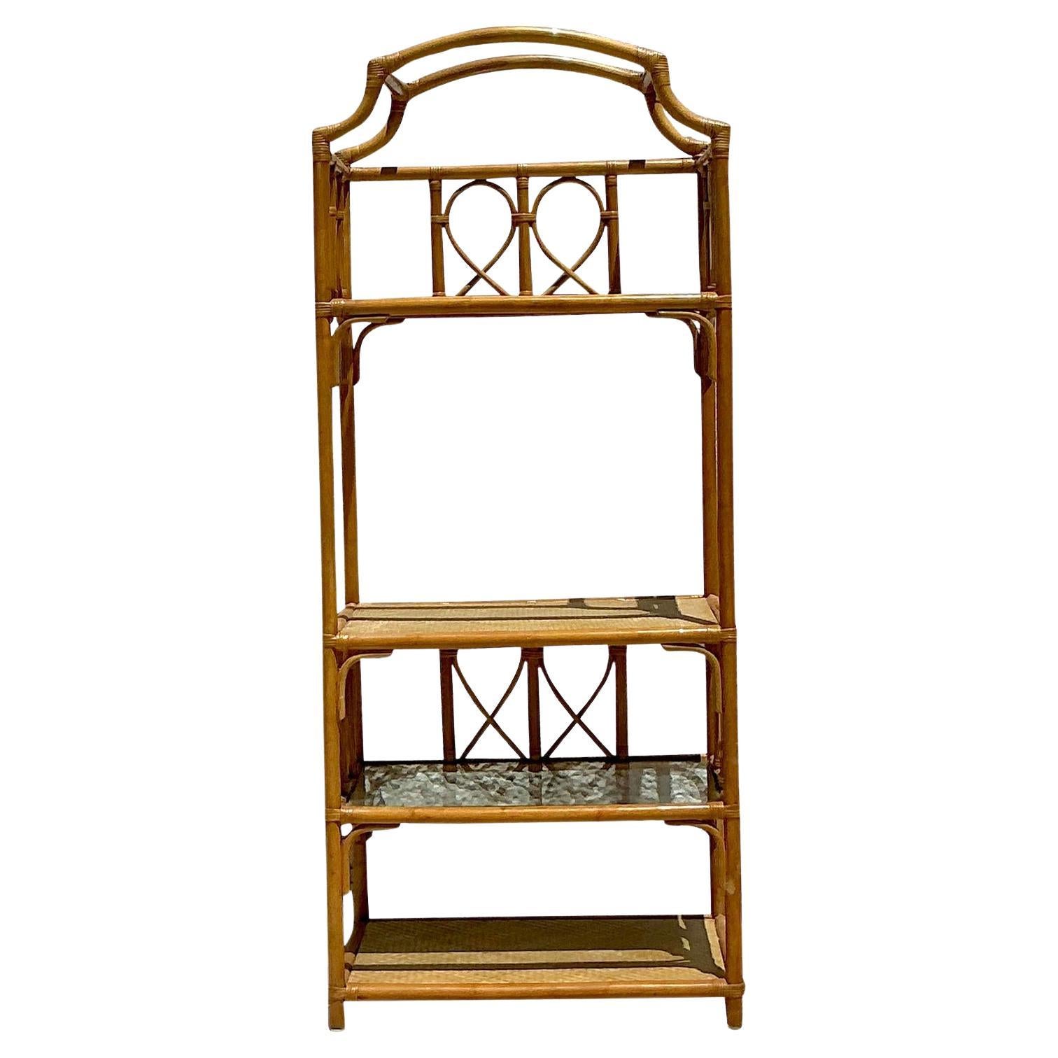 Vintage Coastal Notched Arched Rattan Etagere