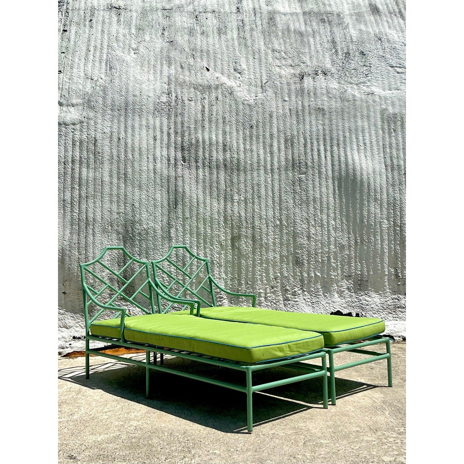 American Vintage Coastal O’Brien Iron Works Chinese Chippendale Chaise Lounge - A Pair For Sale