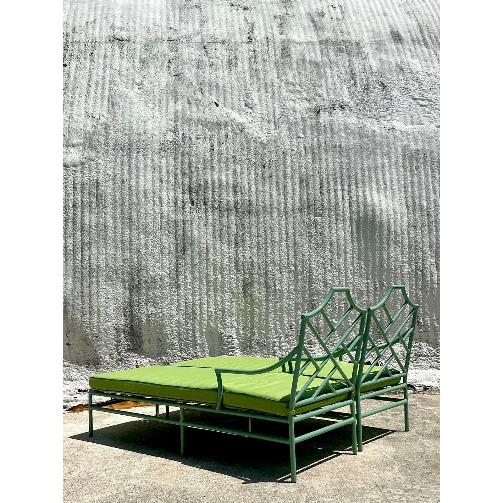 Upholstery Vintage Coastal O’Brien Iron Works Chinese Chippendale Chaise Lounge - A Pair For Sale