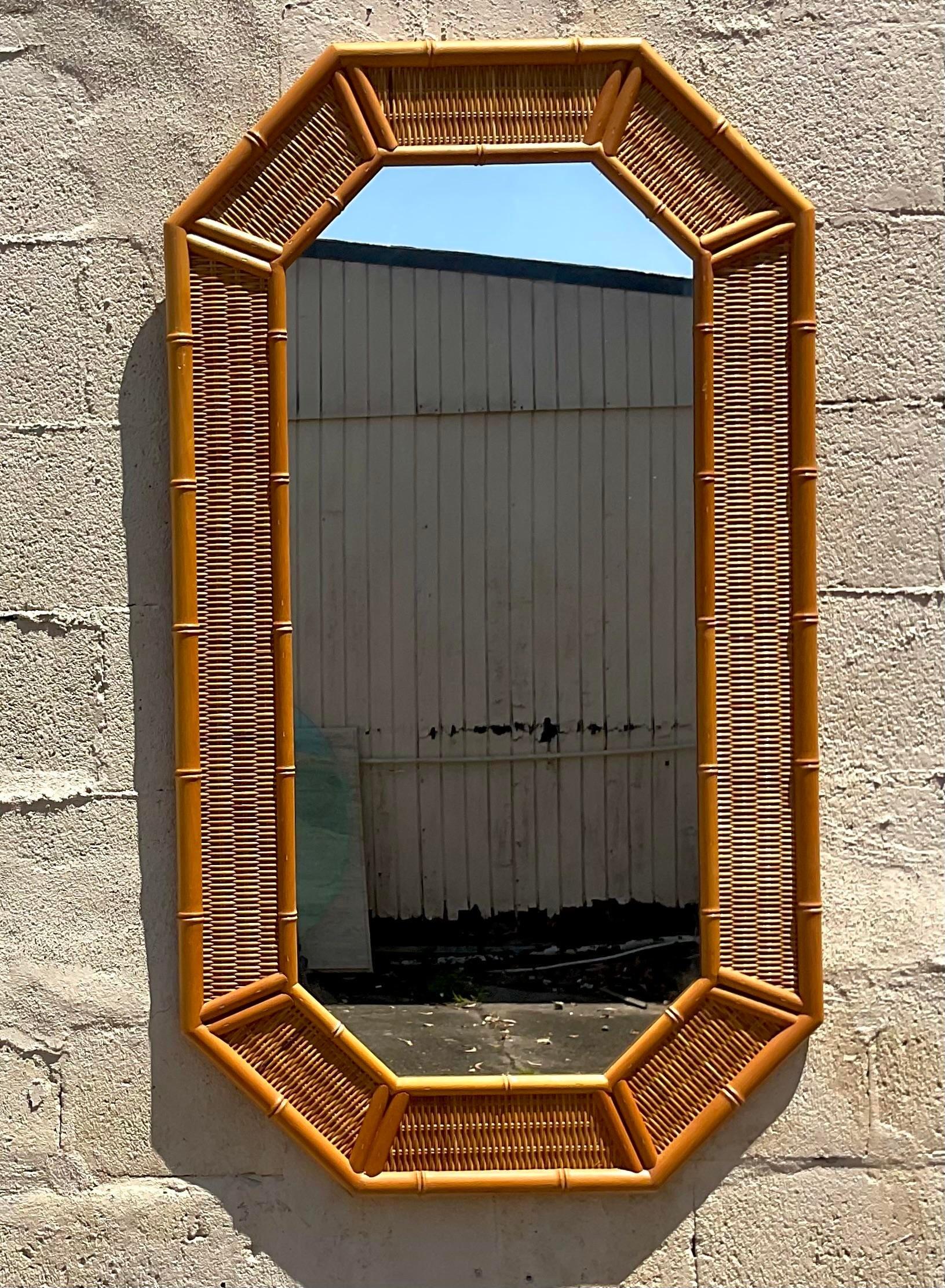 American Vintage Coastal Octagon Woven Rattan Mirror For Sale