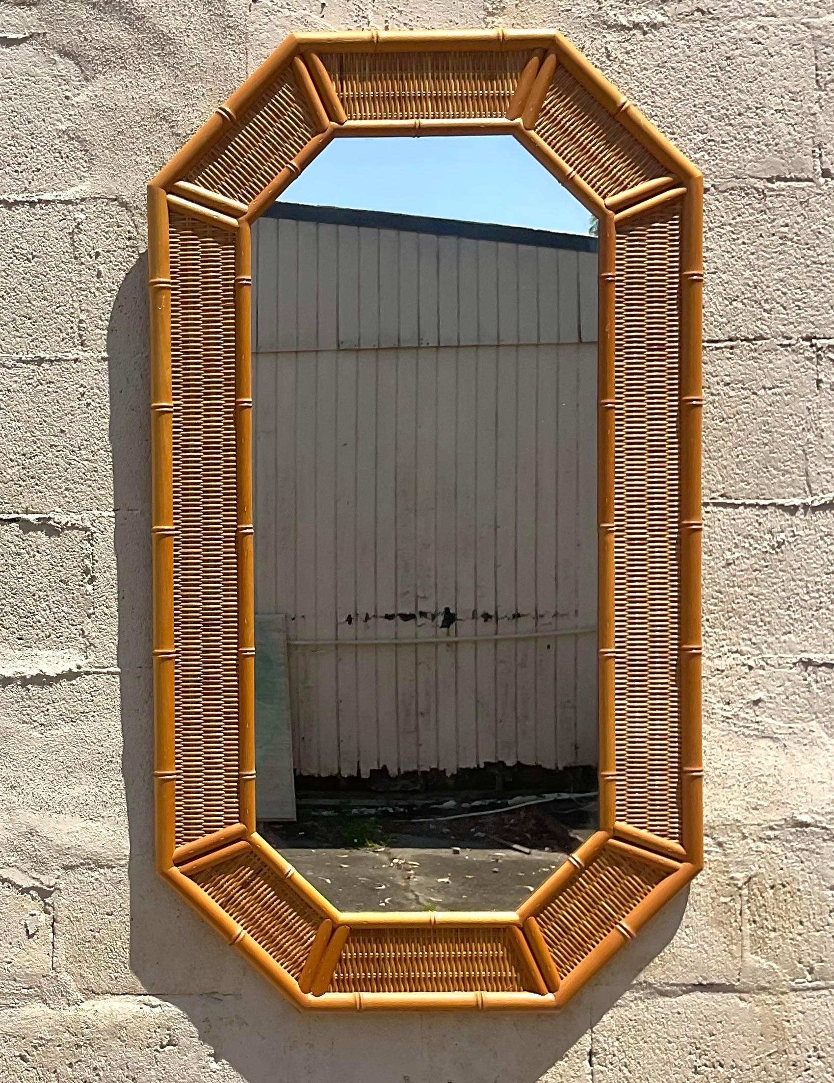 Vintage Coastal Octagon Woven Rattan Mirror In Good Condition For Sale In west palm beach, FL