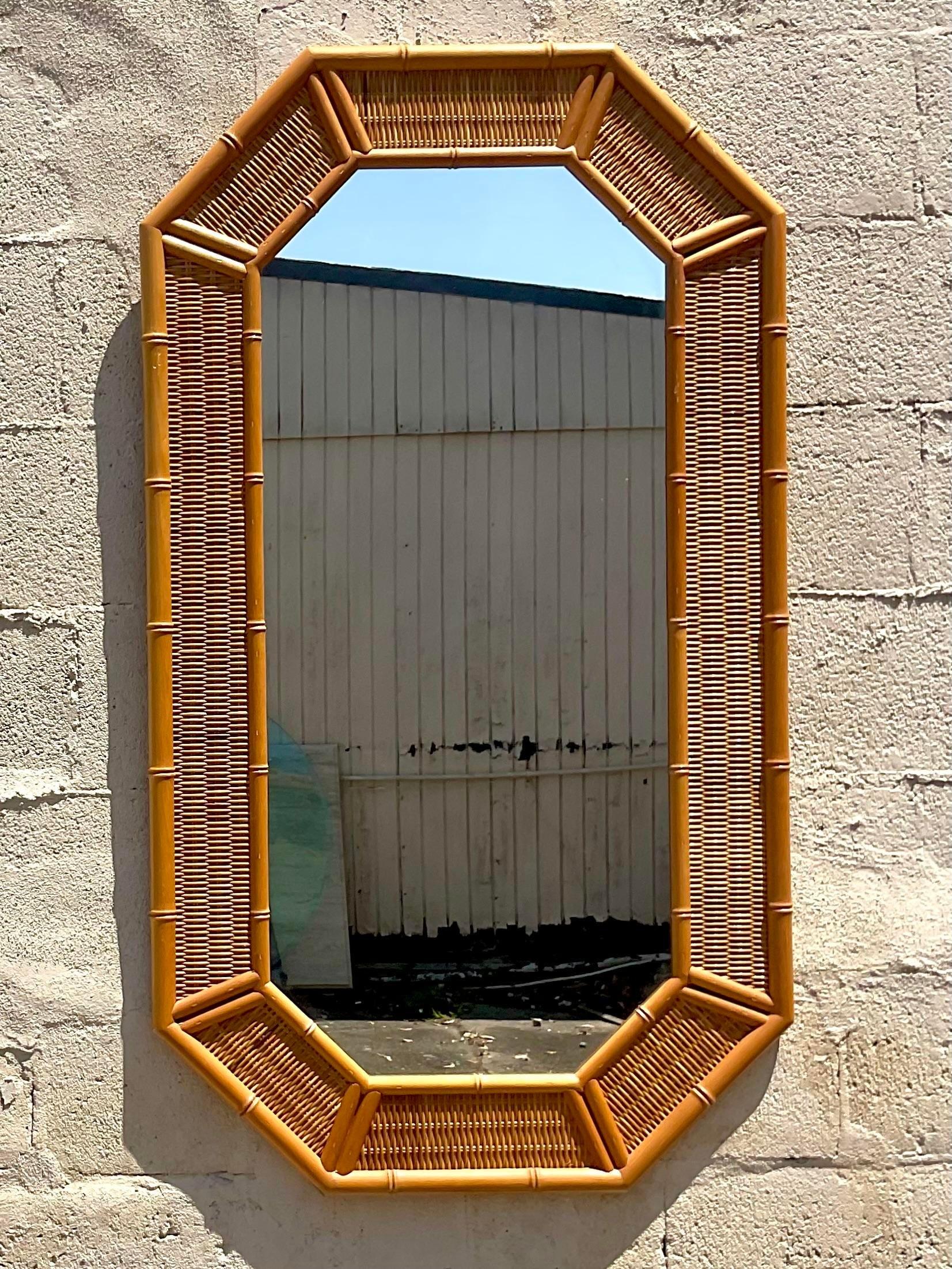 20th Century Vintage Coastal Octagon Woven Rattan Mirror For Sale