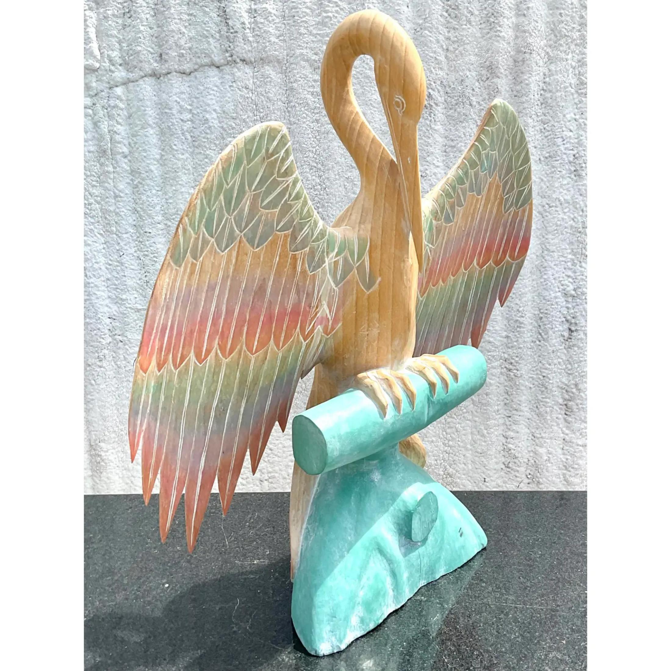 Bohemian Vintage Coastal Ombré Wooden Pelican Sculpture For Sale