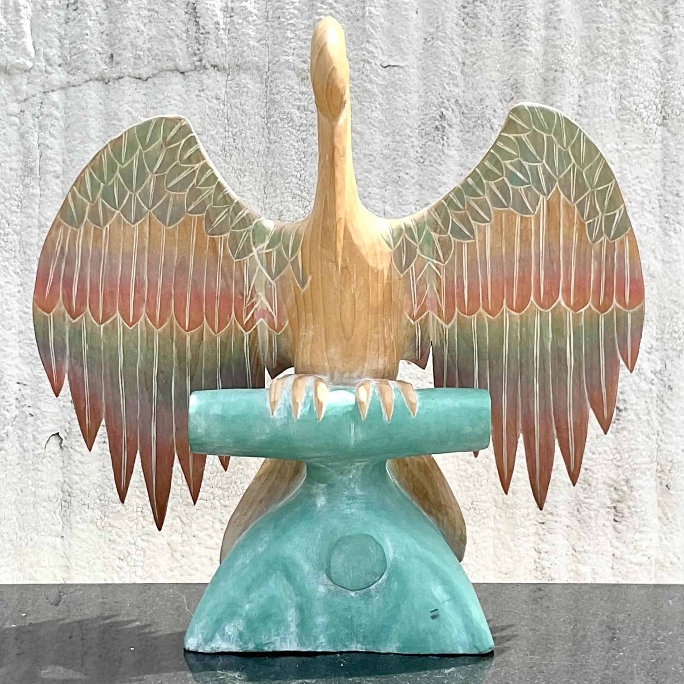 Vintage Coastal Ombré Wooden Pelican Sculpture In Good Condition For Sale In west palm beach, FL