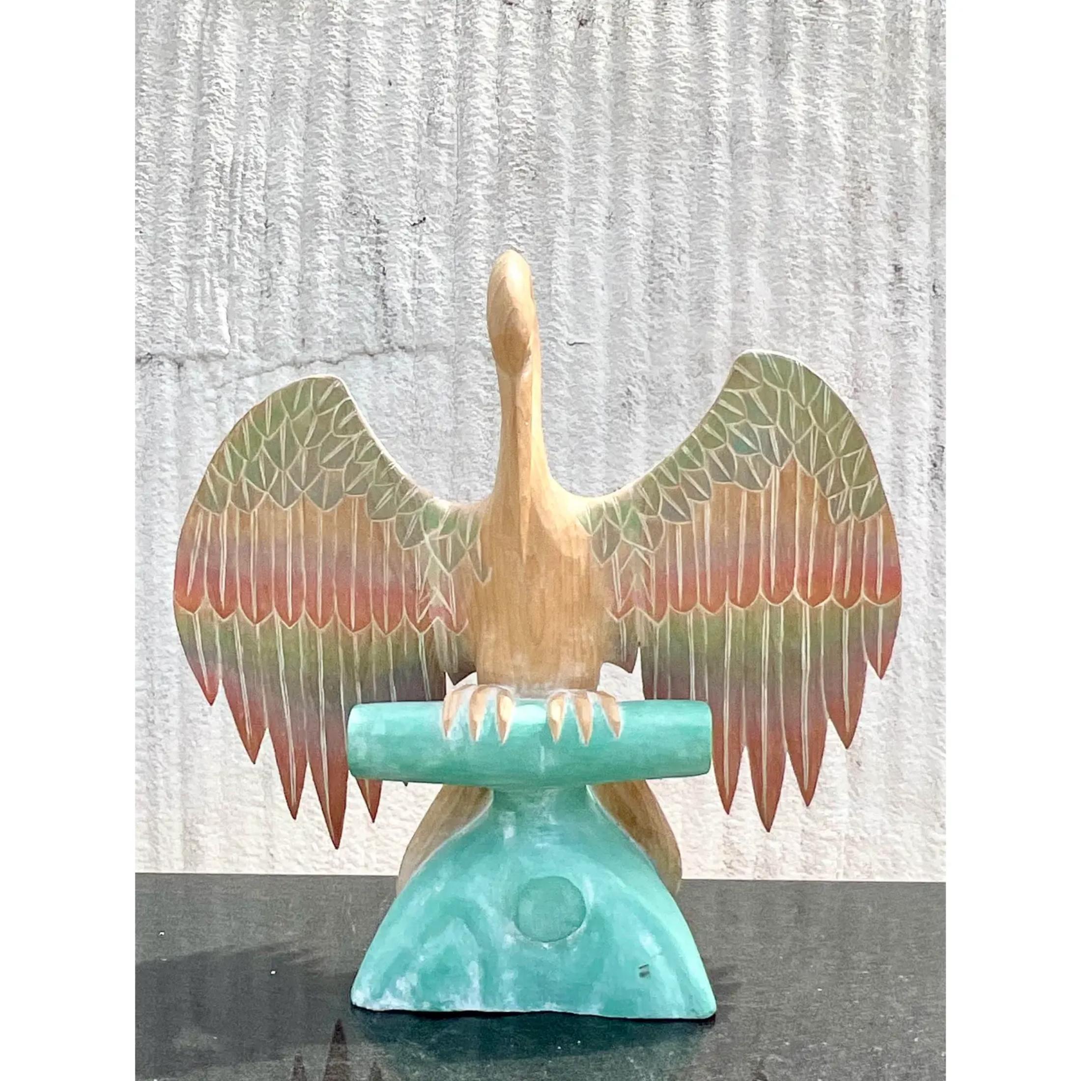 20th Century Vintage Coastal Ombré Wooden Pelican Sculpture For Sale