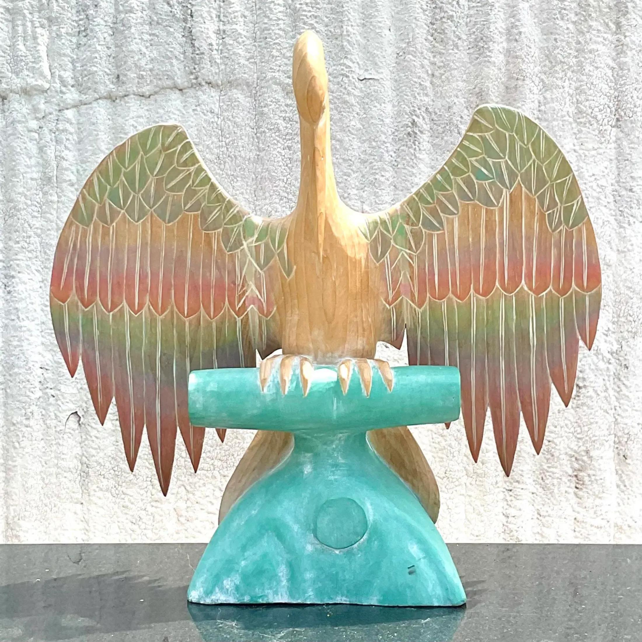 Vintage Coastal Ombré Wooden Pelican Sculpture For Sale 3