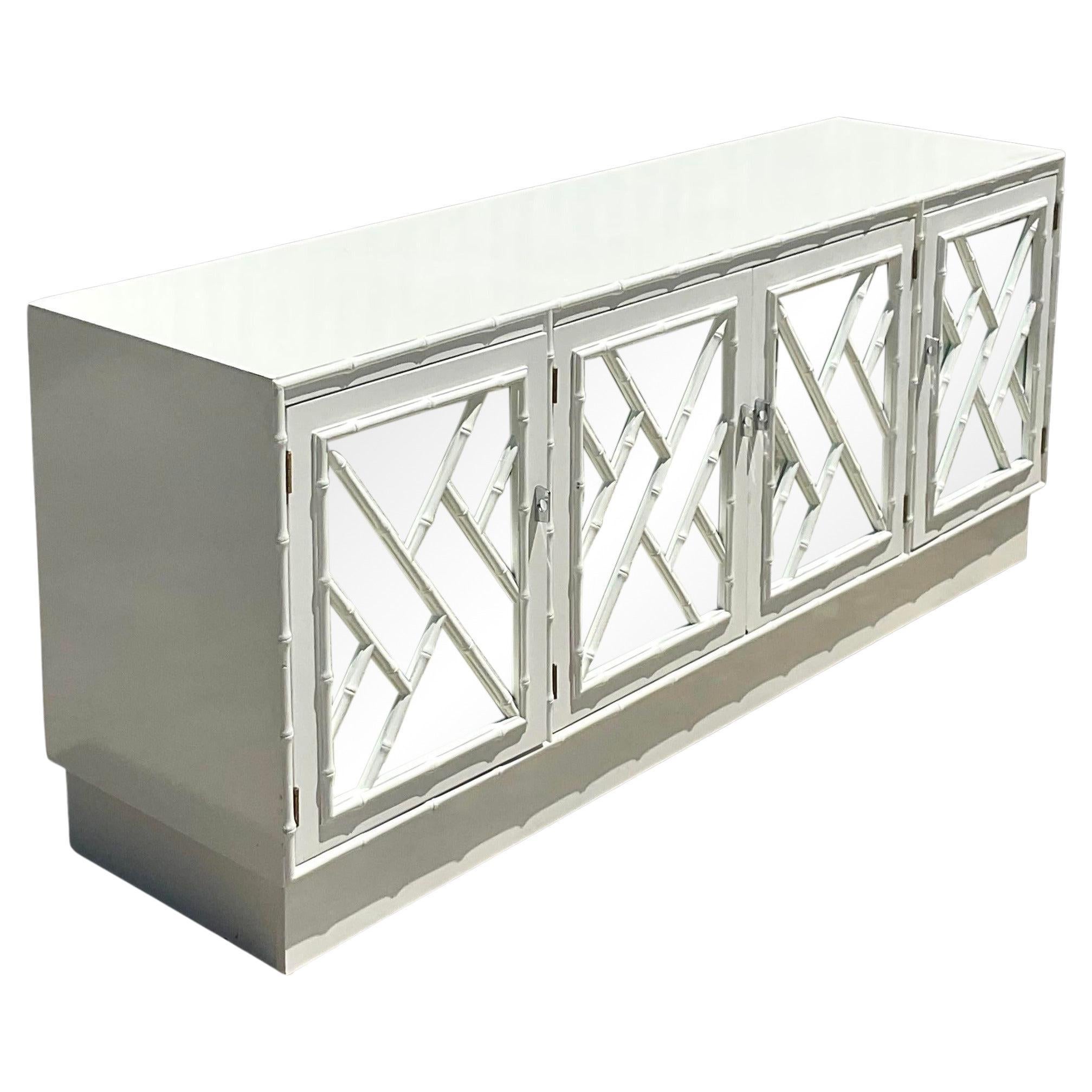 Vintage Coastal Omega Chinese Chippendale Lacquered Credenza