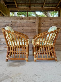 Vintage Coastal Organic Modern Pencil Rattan Lounge Chairs – Pair
