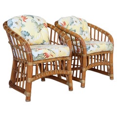 Vintage Coastal Organic Modern Pencil Rattan Lounge Chairs – Pair