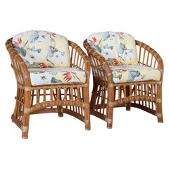 Vintage Coastal Organic Modern Pencil Rattan Lounge Chairs – Pair