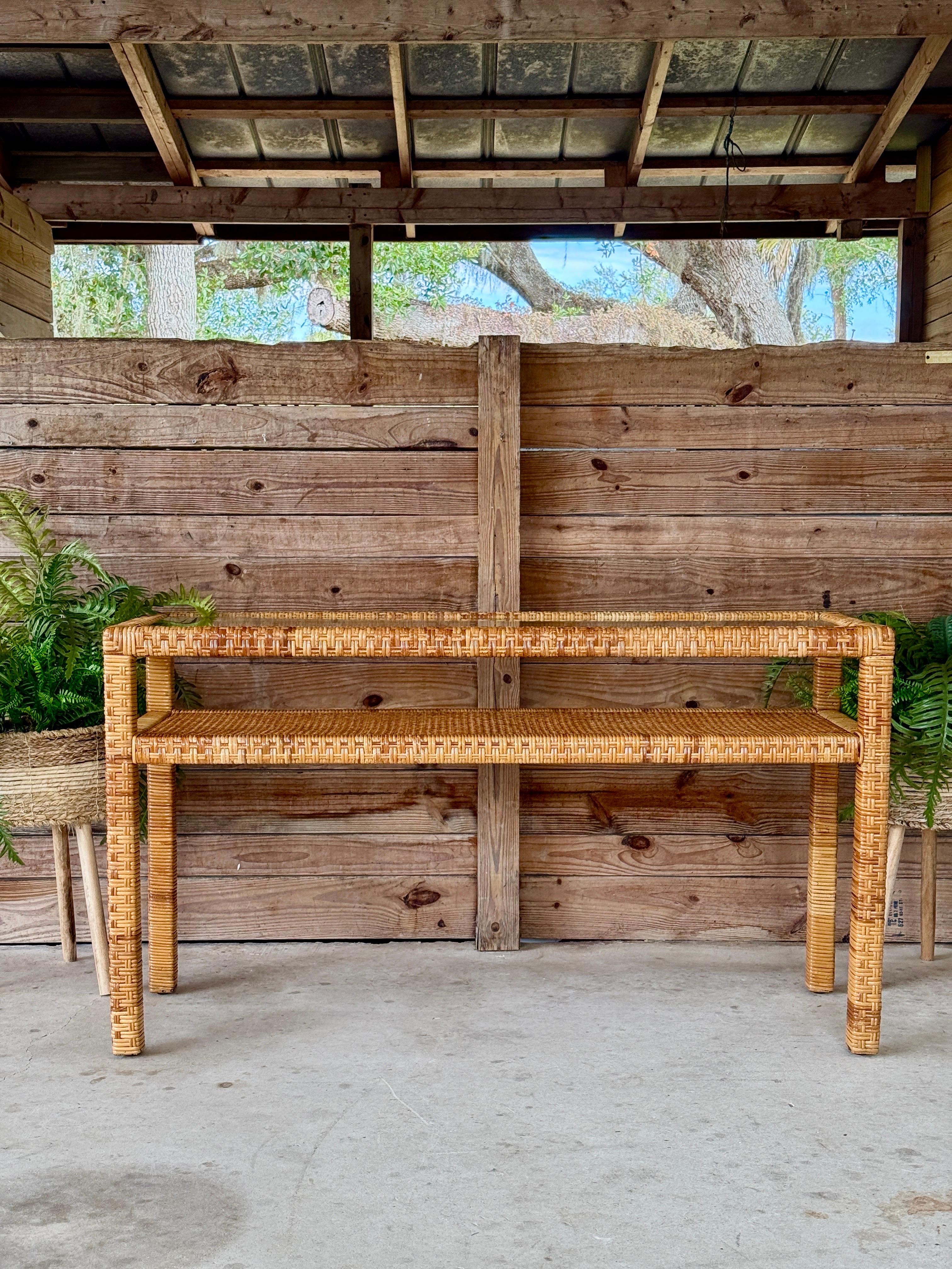 Vintage Coastal Organic Modern Rattan Wrap Console With Cane Insert & Glass For Sale 5