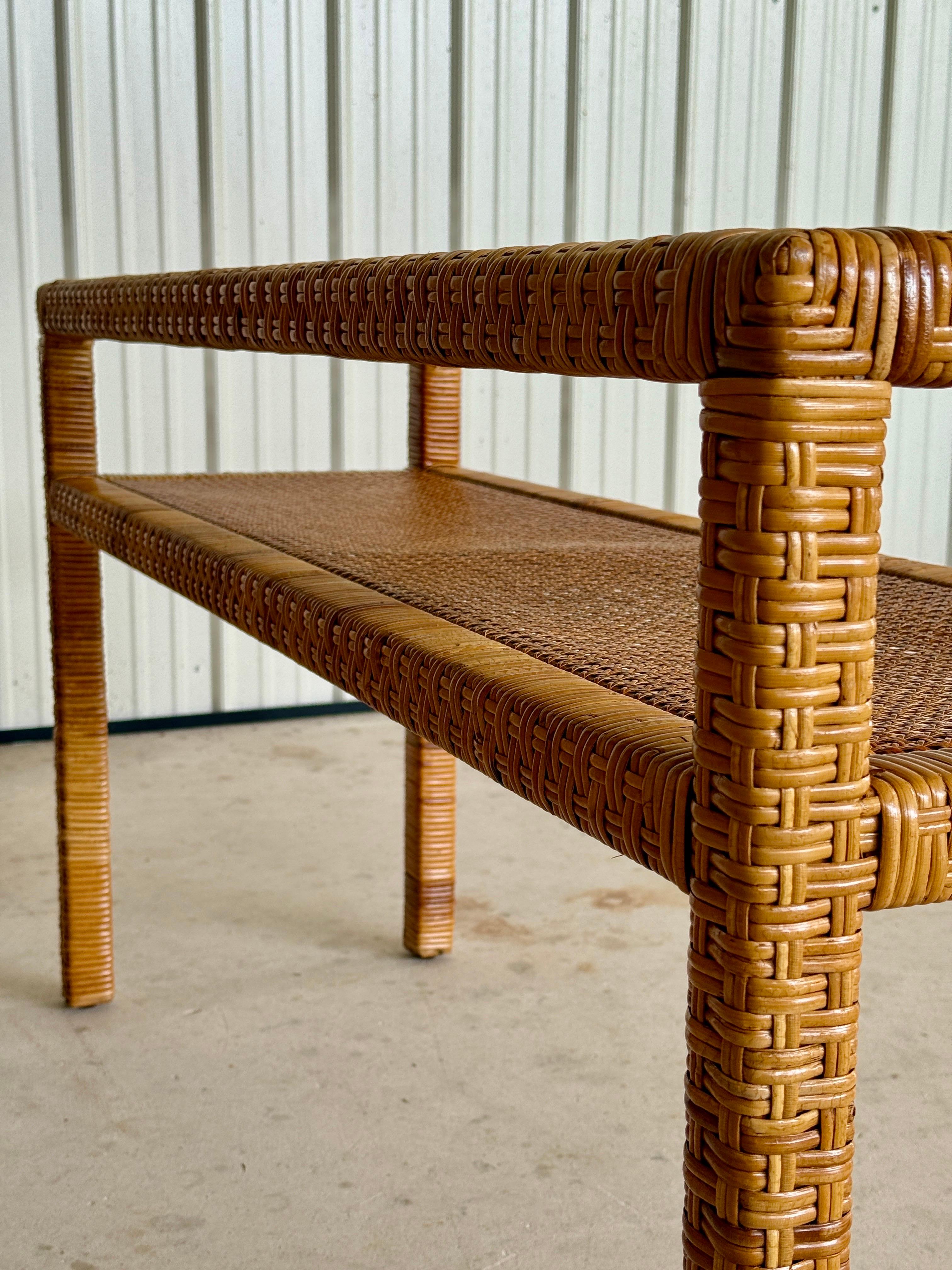 Vintage Coastal Organic Modern Rattan Wrap Console With Cane Insert & Glass For Sale 6