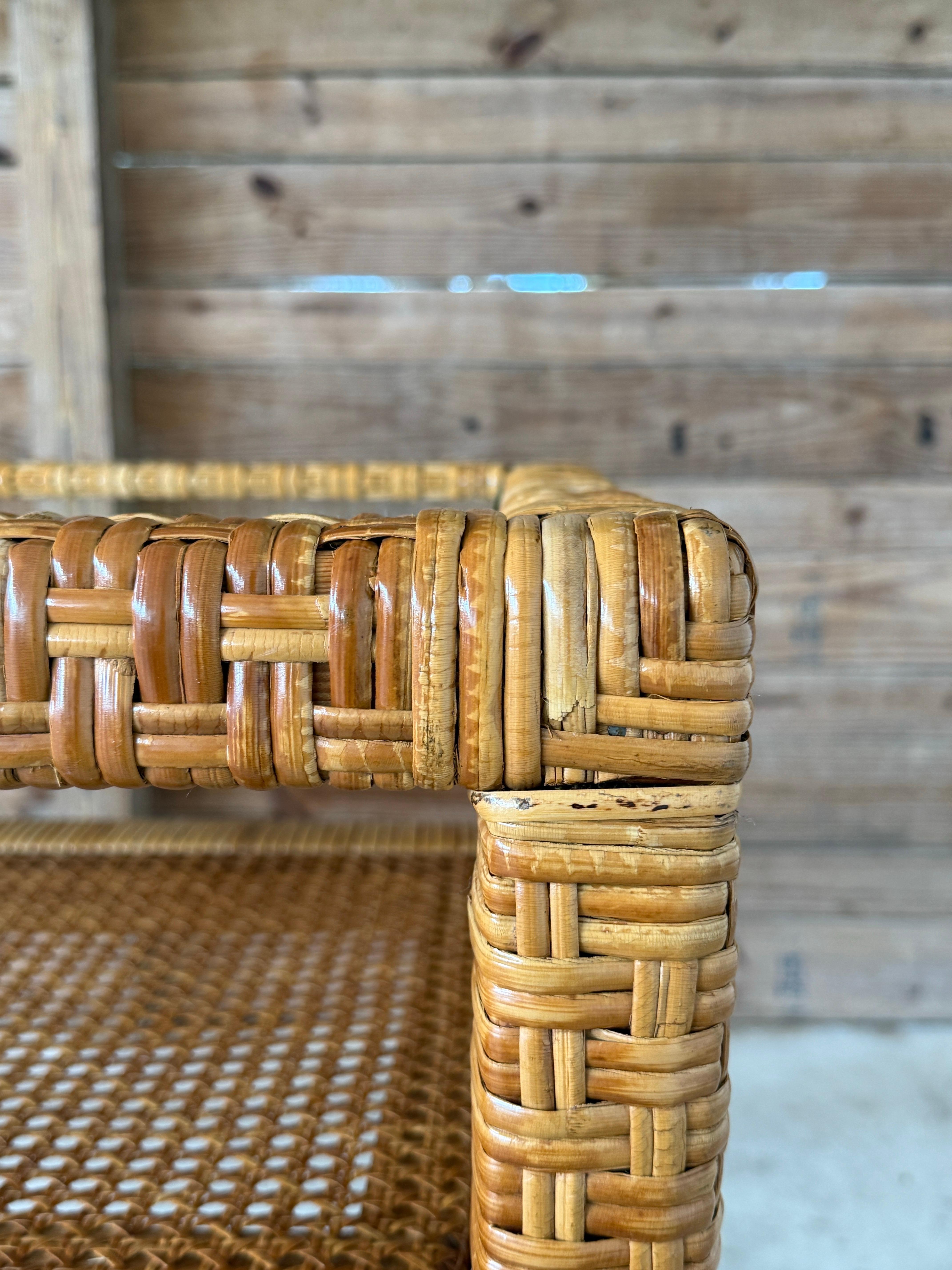 Vintage Coastal Organic Modern Rattan Wrap Console With Cane Insert & Glass For Sale 8