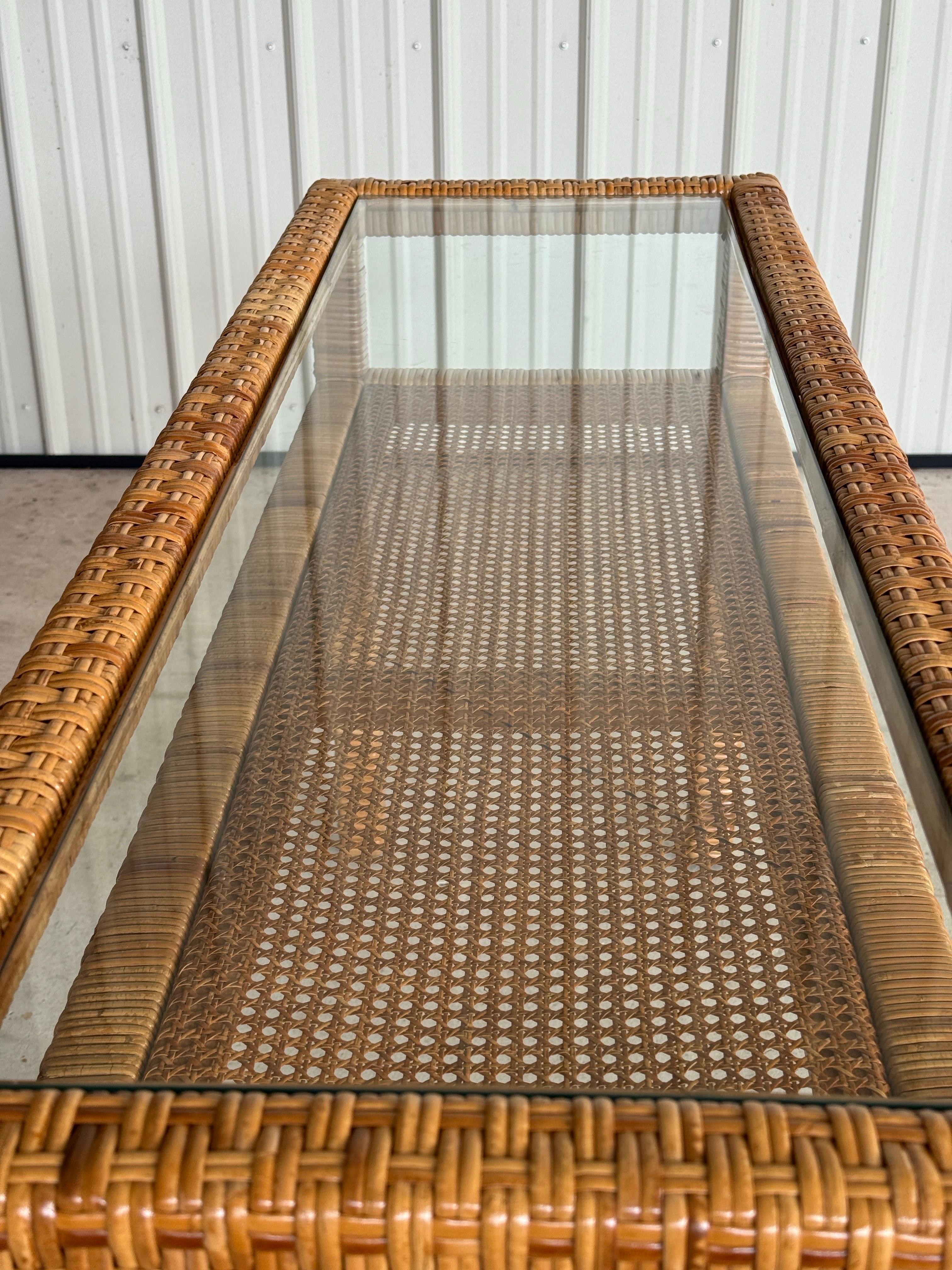 Vintage Coastal Organic Modern Rattan Wrap Console With Cane Insert & Glass For Sale 9