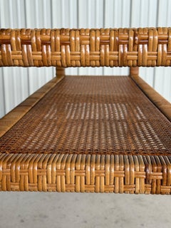 Vintage Coastal Organic Modern Rattan Wrap Console With Cane Insert & Glass