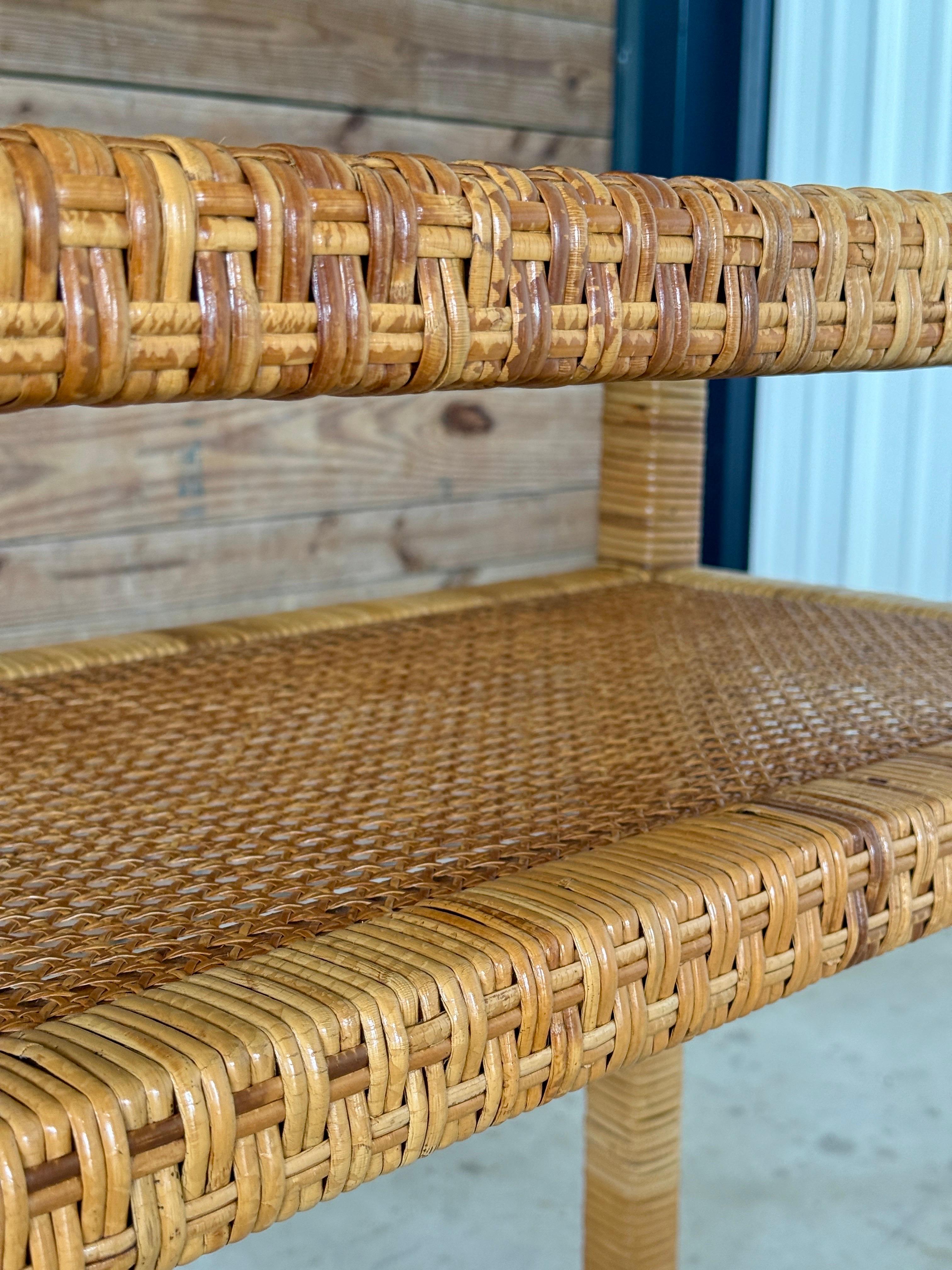 Hand-Crafted Vintage Coastal Organic Modern Rattan Wrap Console With Cane Insert & Glass For Sale