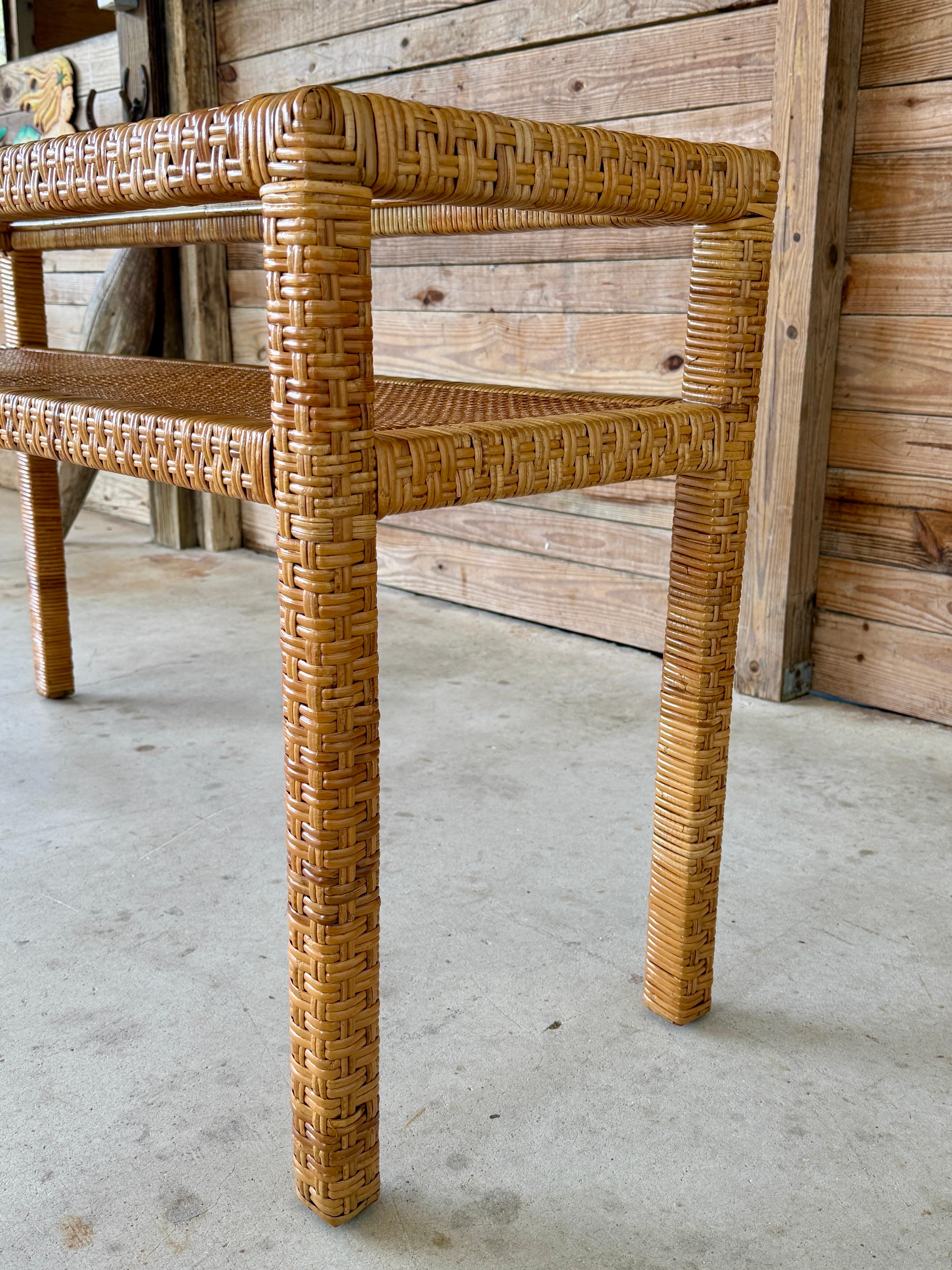 Vintage Coastal Organic Modern Rattan Wrap Console With Cane Insert & Glass In Good Condition For Sale In North Fort Myers, FL