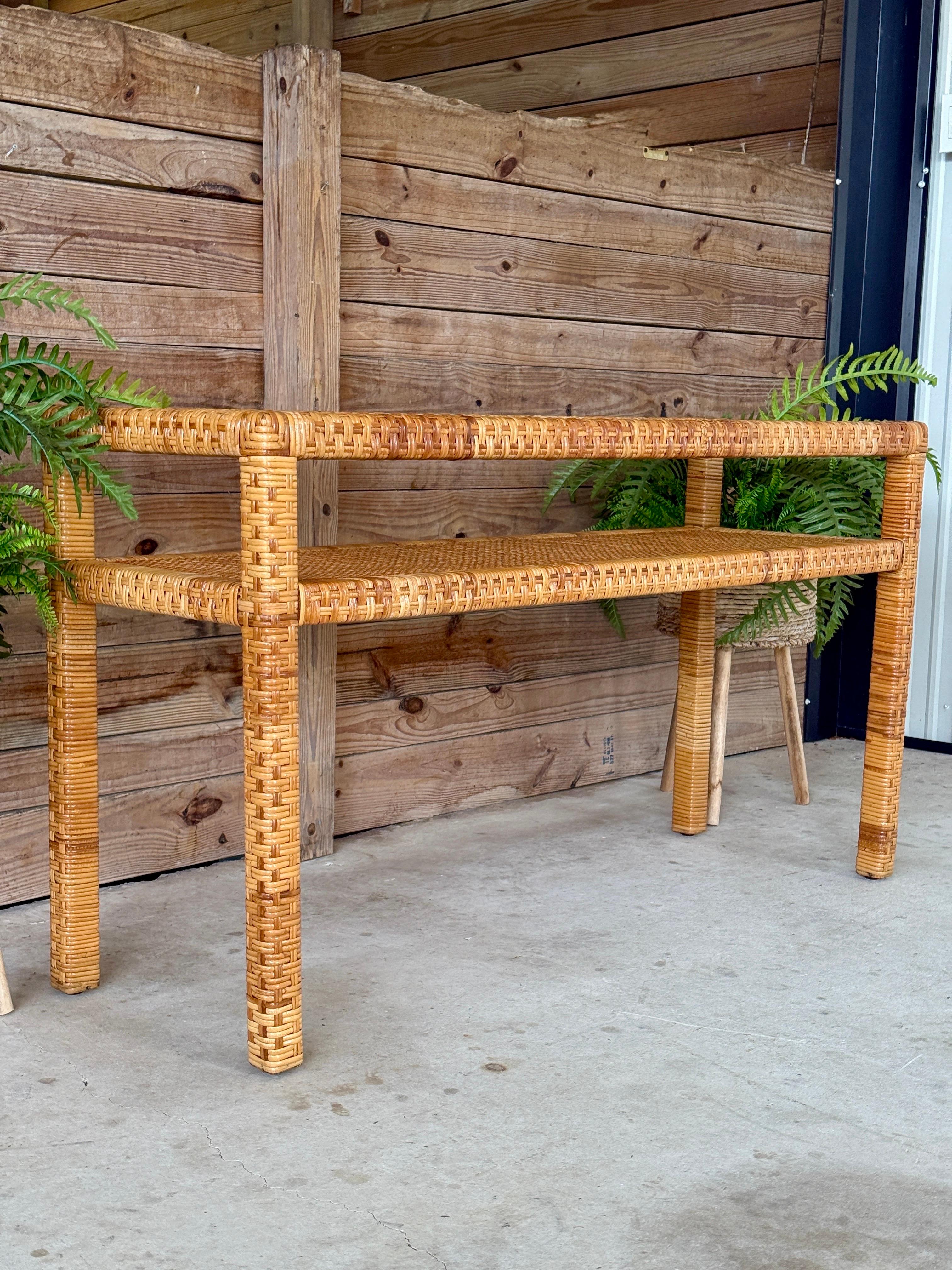 Late 20th Century Vintage Coastal Organic Modern Rattan Wrap Console With Cane Insert & Glass For Sale