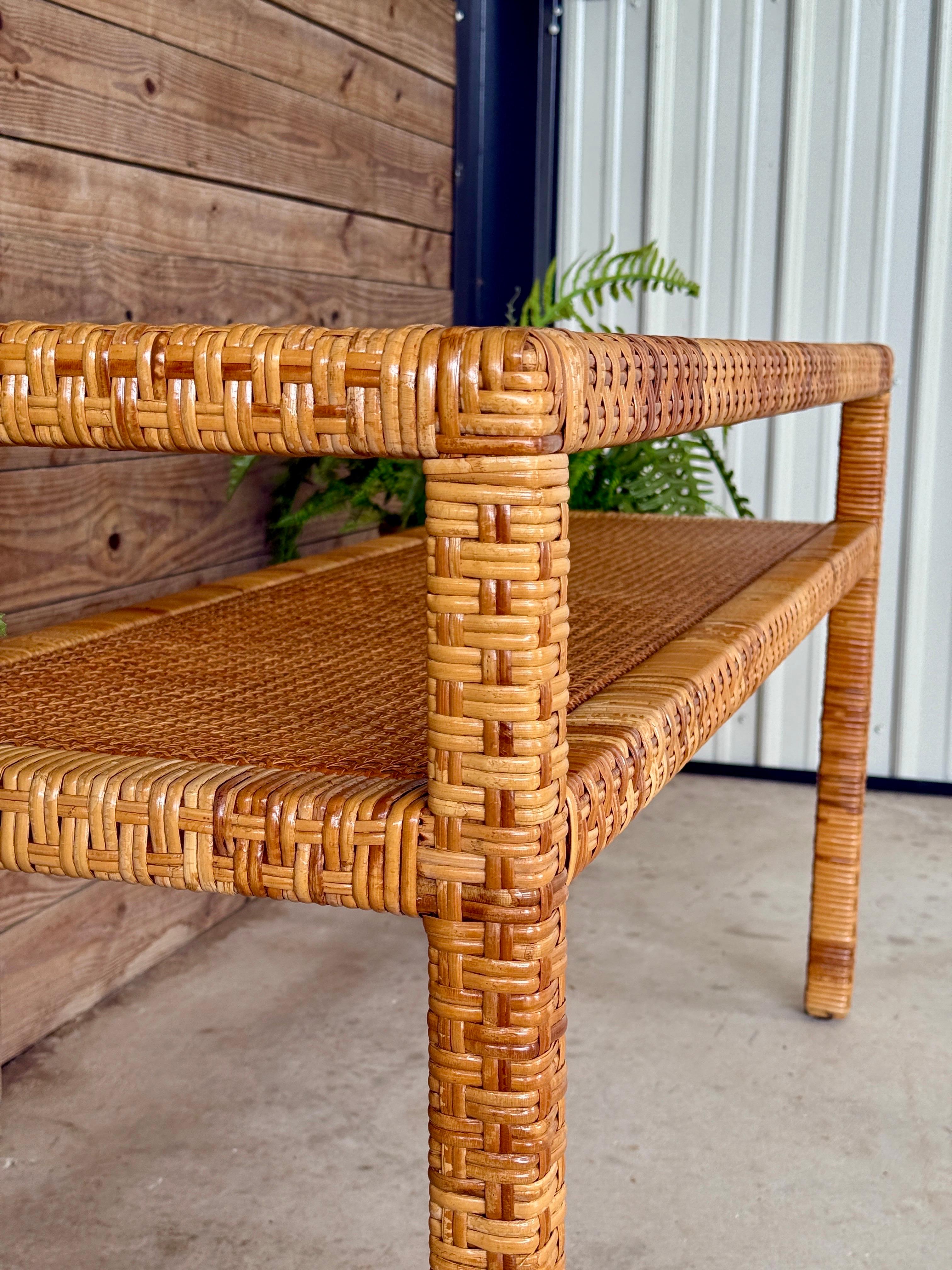 Vintage Coastal Organic Modern Rattan Wrap Console With Cane Insert & Glass For Sale 1