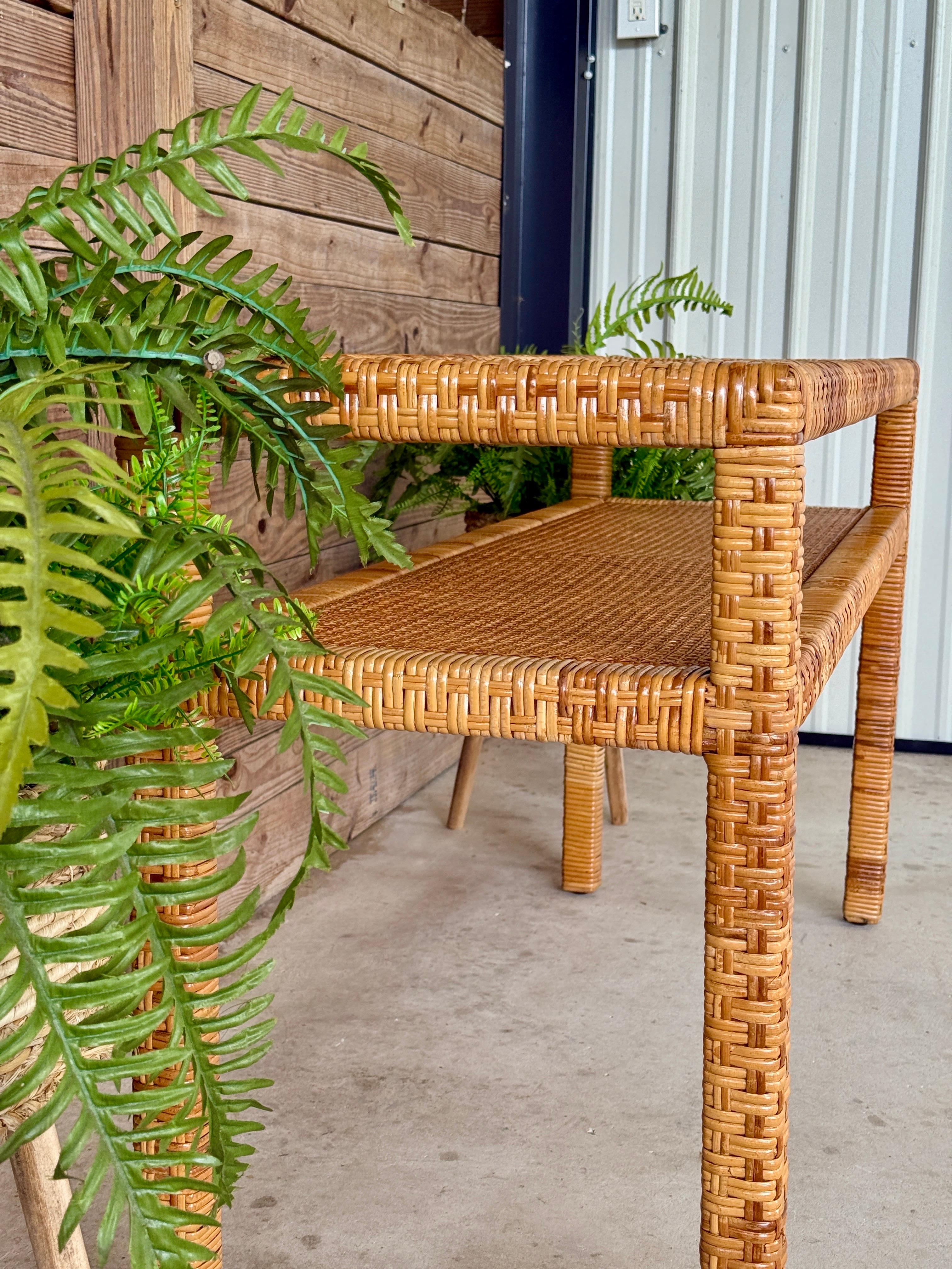 Vintage Coastal Organic Modern Rattan Wrap Console With Cane Insert & Glass For Sale 2