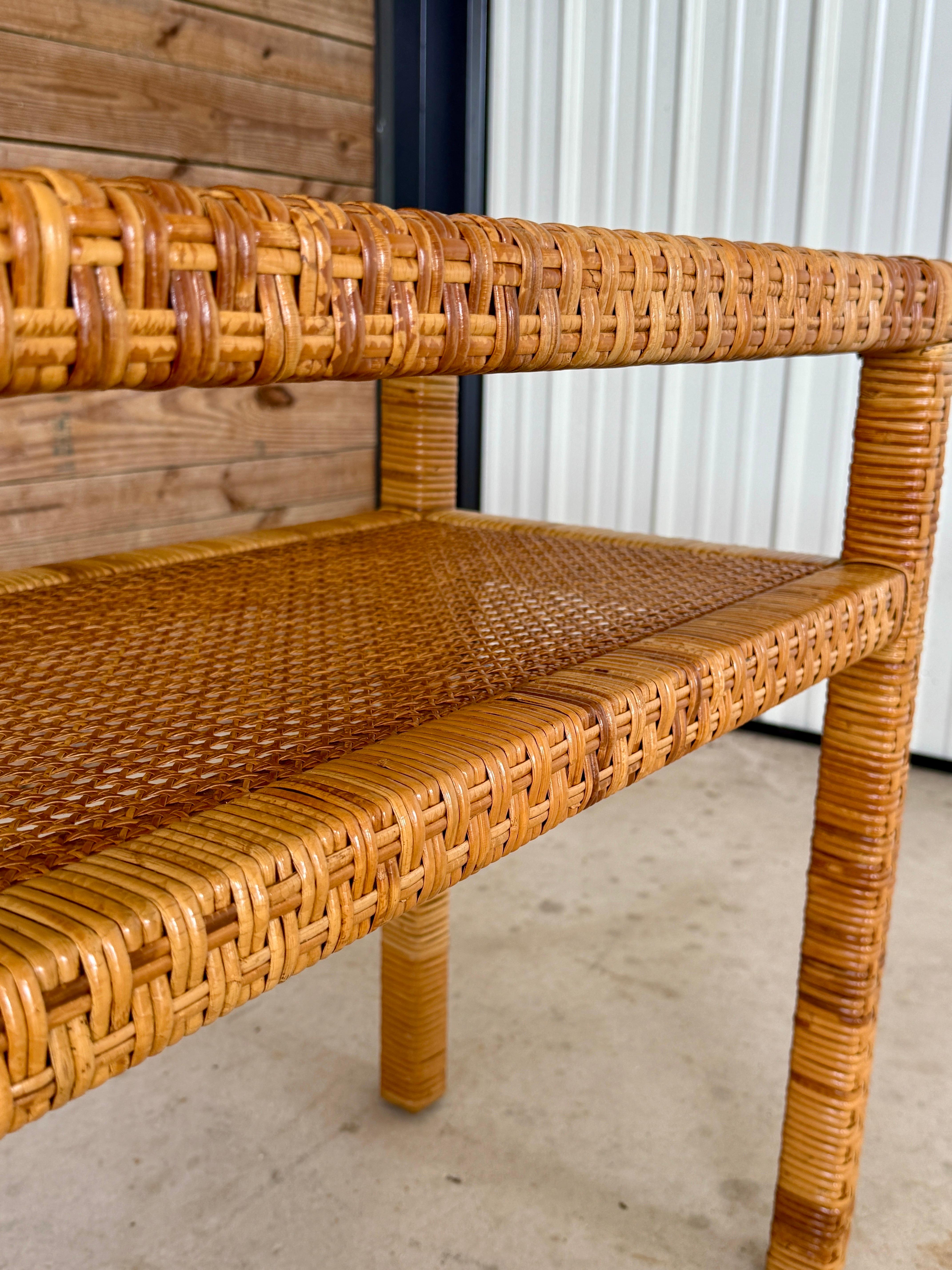 Vintage Coastal Organic Modern Rattan Wrap Console With Cane Insert & Glass For Sale 3